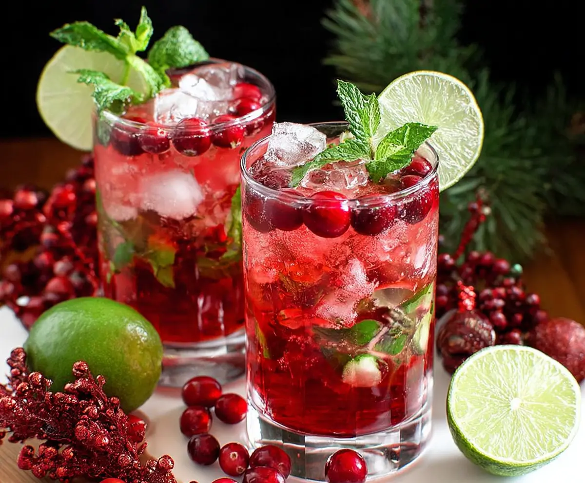 Festive Christmas Cranberry Mojito in a glass with fresh cranberries and mint leaves