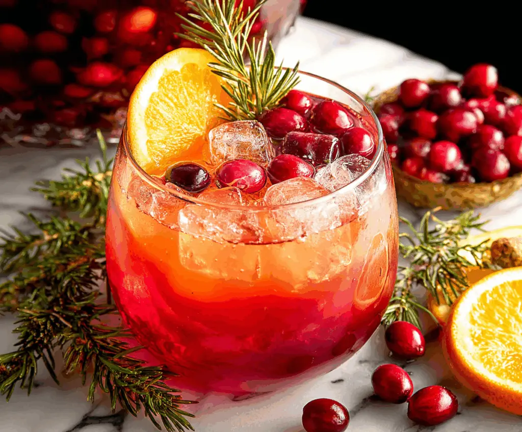 Festive Christmas punch served in a glass, decorated with holiday garnishes and colorful ingredients.
