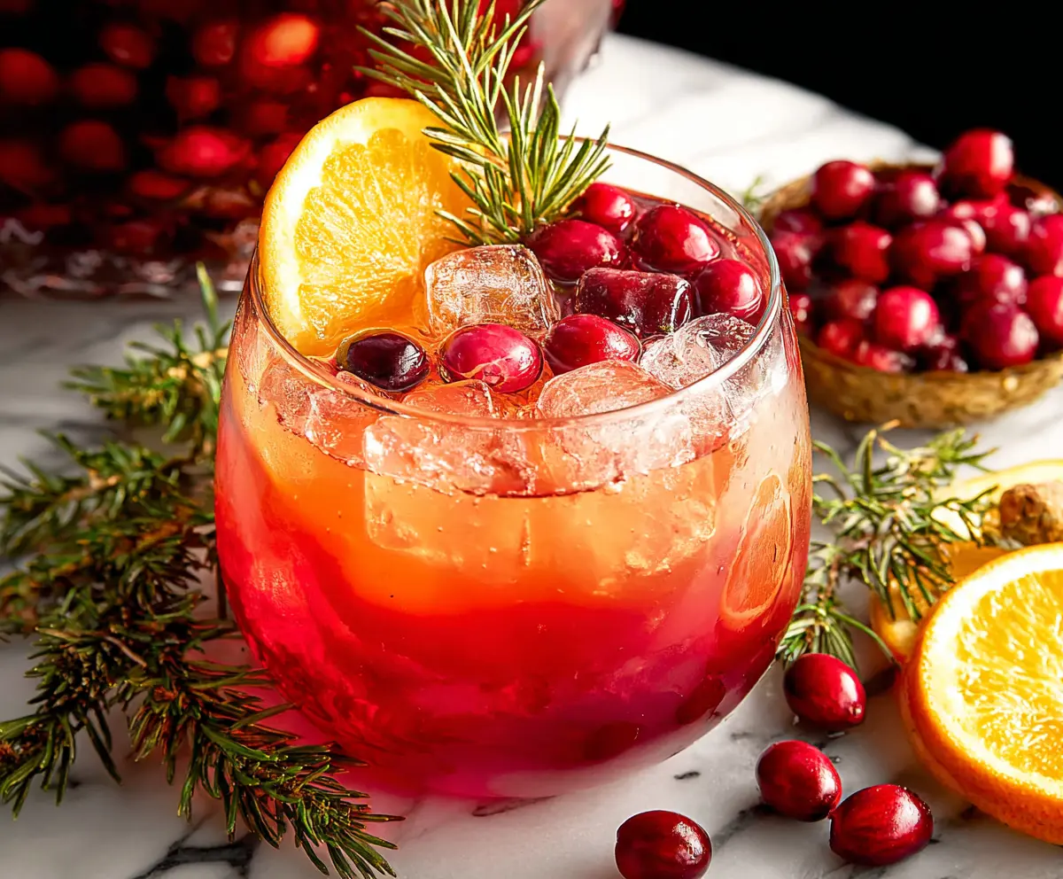 Festive Christmas punch served in a glass, decorated with holiday garnishes and colorful ingredients.