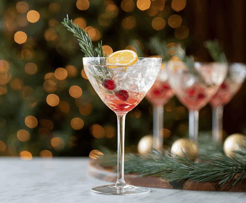 Festive Christmas Vodka Martini in a elegant glass with holiday decorations.