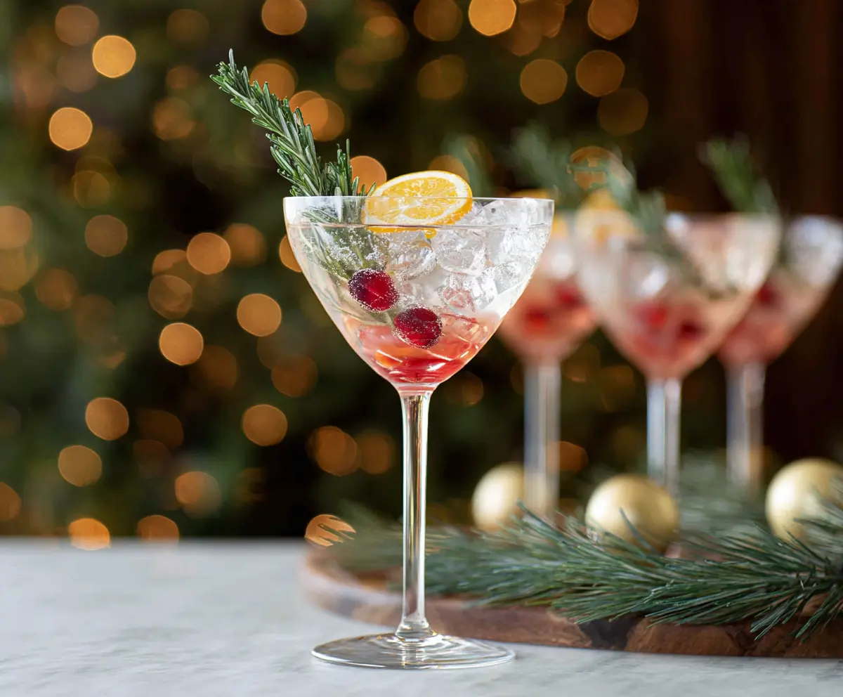 Festive Christmas Vodka Martini in a elegant glass with holiday decorations.