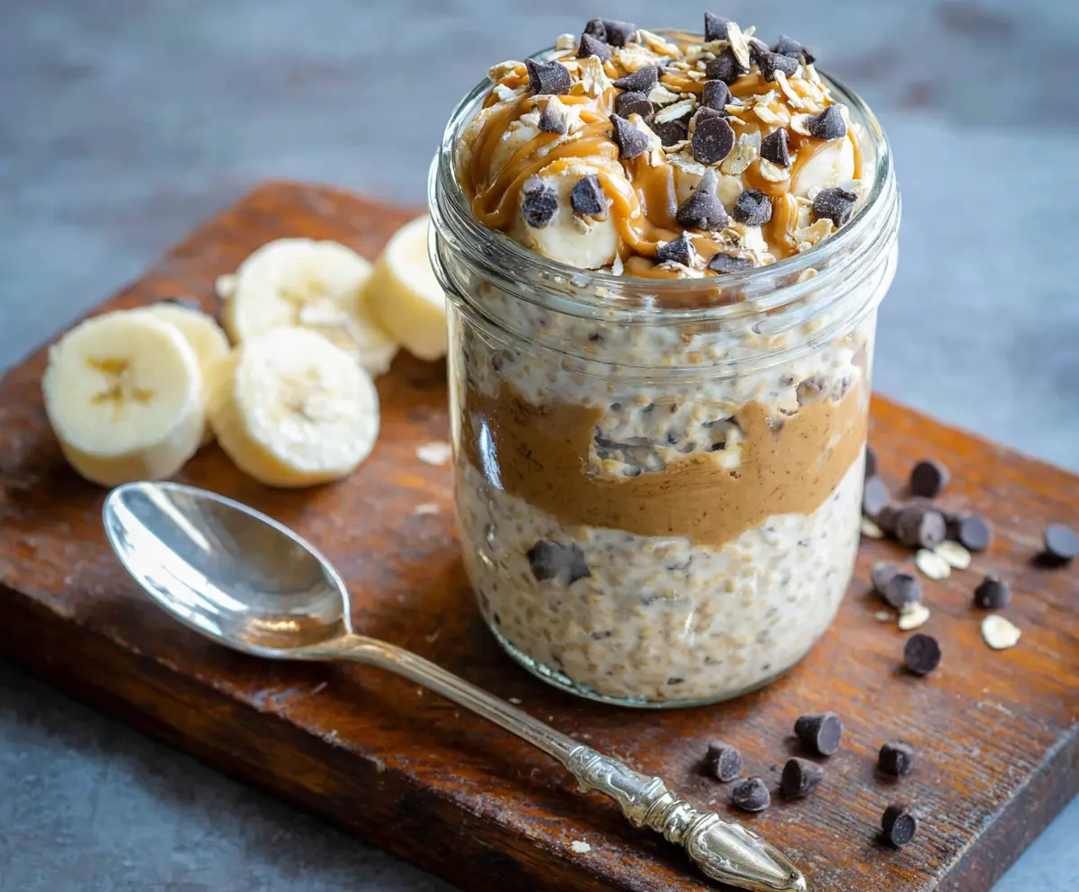 Delicious Chunky Monkey Overnight Oats with bananas, walnuts, and chocolate chips in a jar.