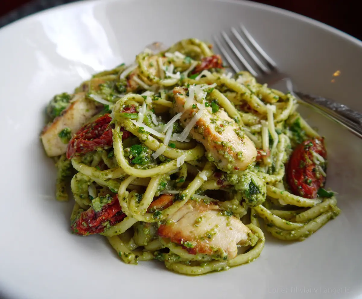 Delicious Cilantro Chicken and Pesto Pasta dish garnished with fresh herbs on a plate.
