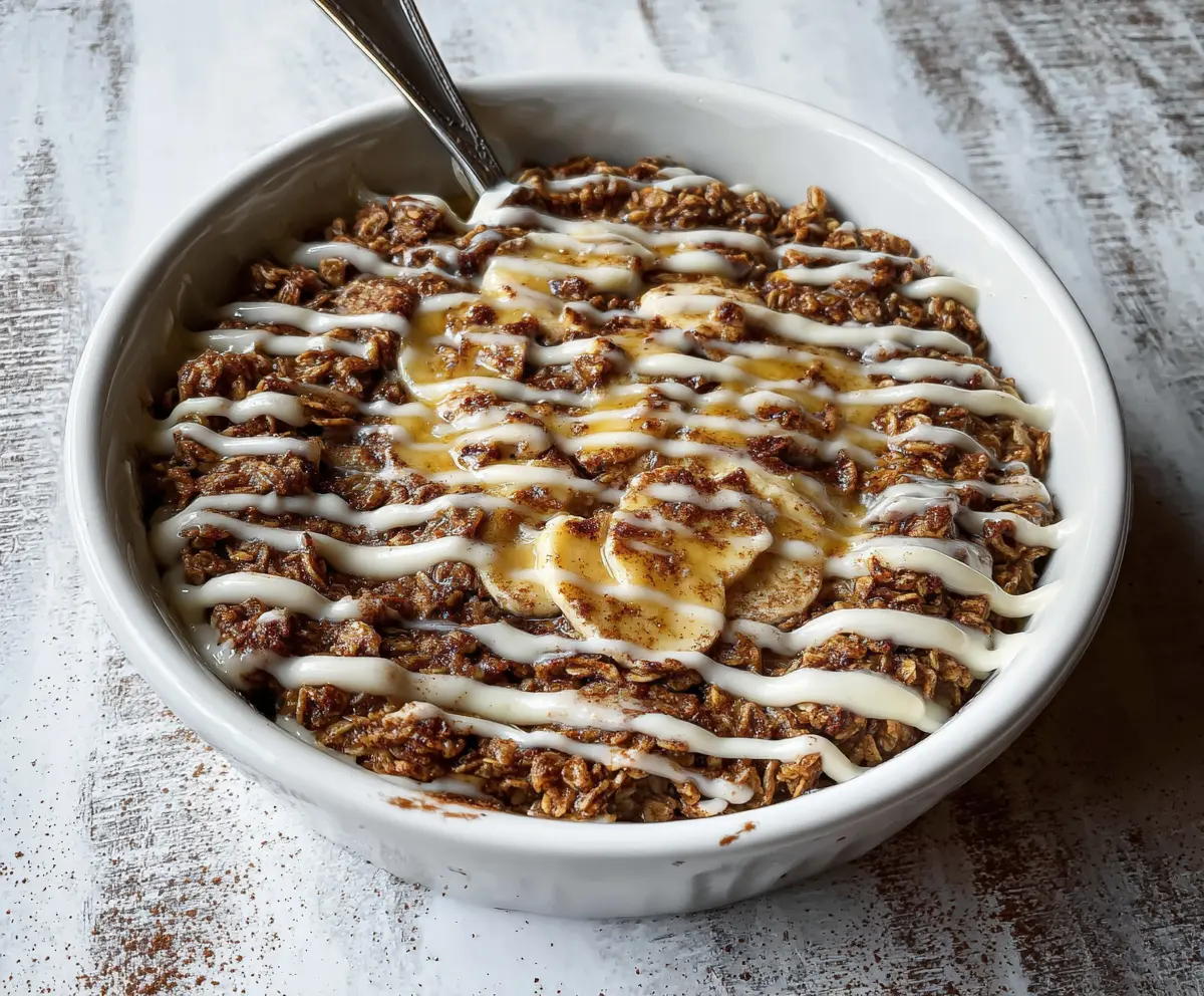 Delicious Cinnamon Roll Baked Oatmeal topped with icing and cinnamon for a cozy breakfast.