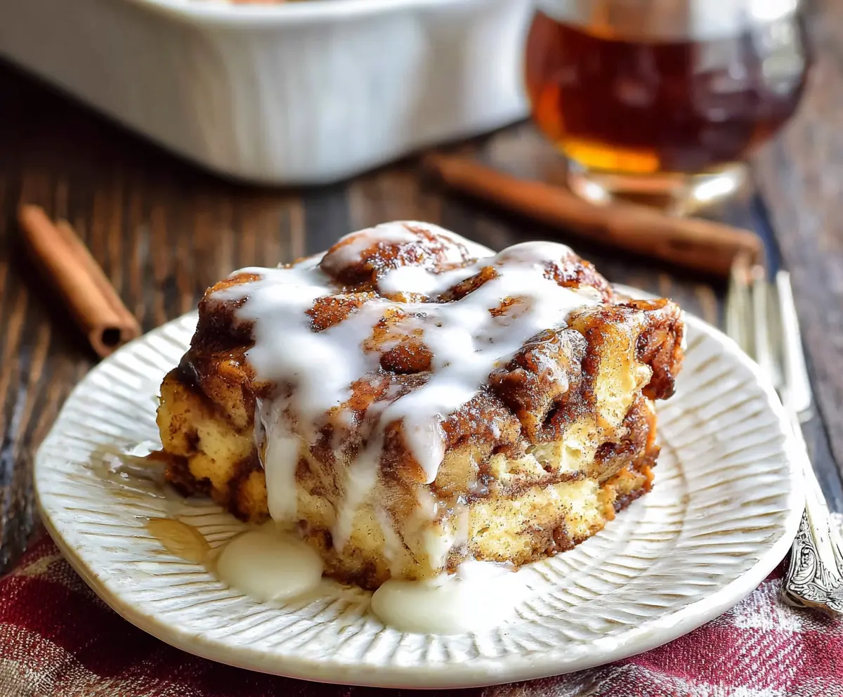 Delicious Cinnamon Roll French Toast Casserole topped with icing and cinnamon.