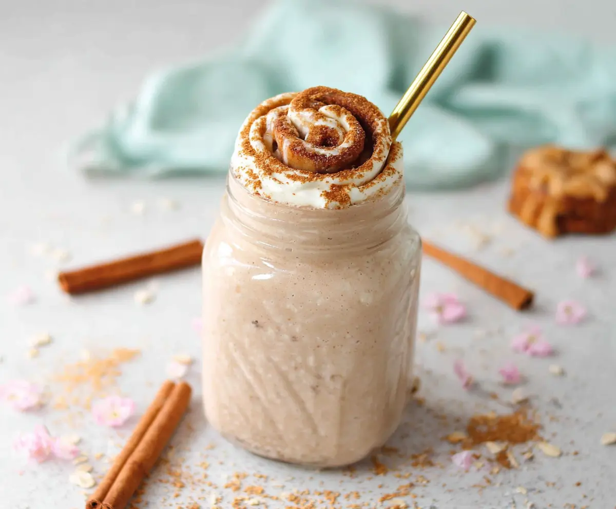 Creamy cinnamon roll protein shake with a swirl of cinnamon and a scoop of protein powder in a glass.