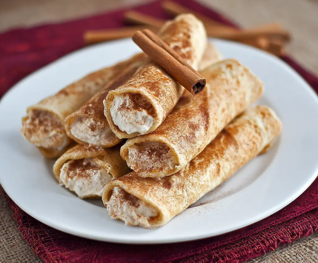 Delicious cinnamon tortilla roll-ups filled with cream cheese, perfect for a tasty snack or dessert.