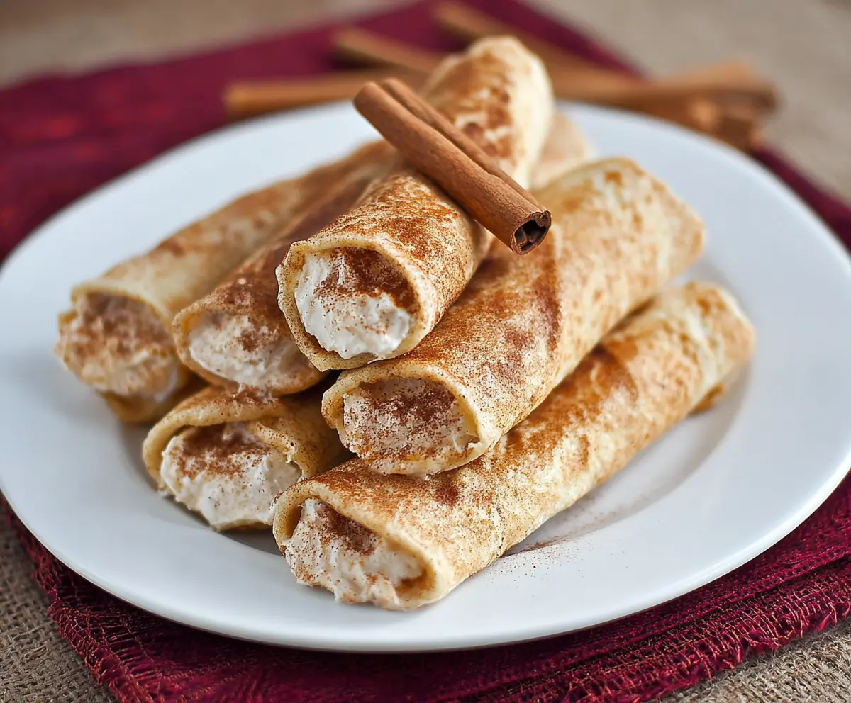 Delicious cinnamon tortilla roll-ups filled with cream cheese, perfect for a tasty snack or dessert.