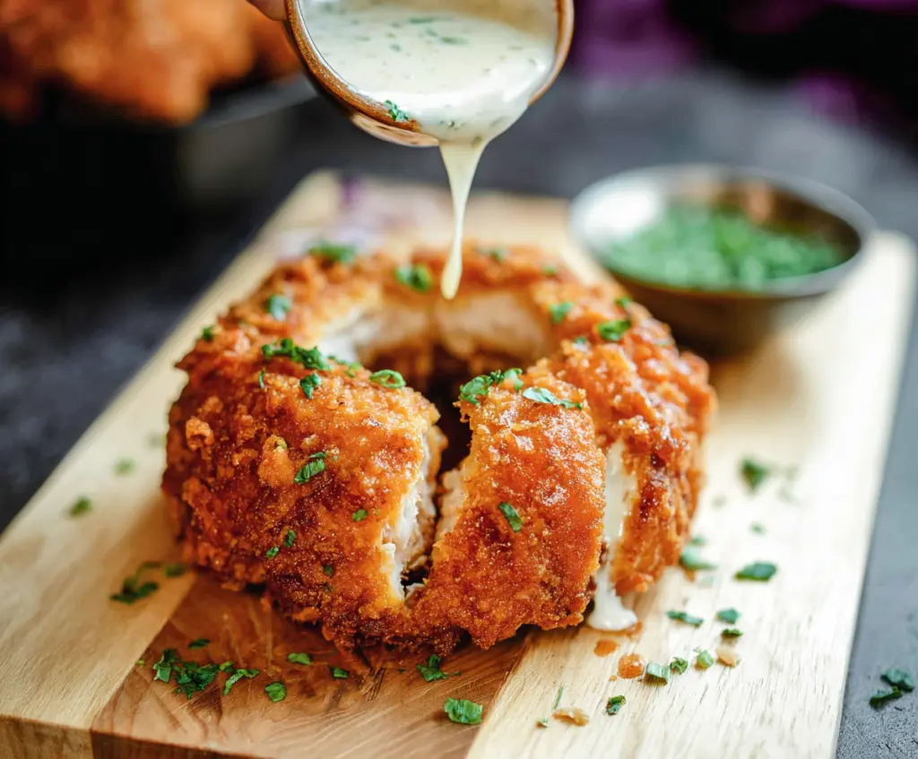 Delicious Copycat Chicken Ring with crispy breading and tender chicken filling, perfect for appetizer or snack.
