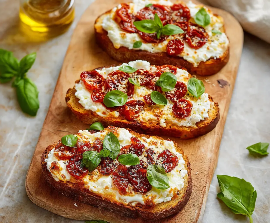 Close-up of a crispy cottage cheese pizza toast topped with fresh herbs and melted cheese.