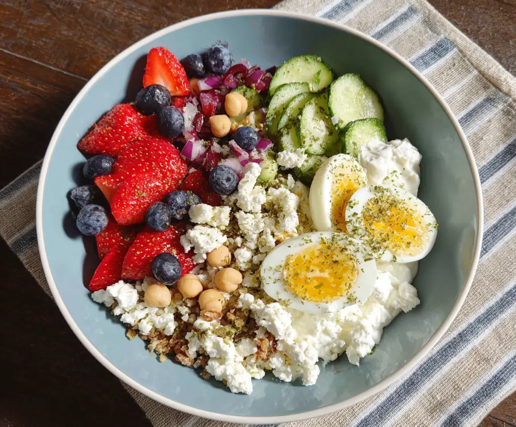 Healthy cottage cheese protein bowl topped with fresh fruits and nuts for a nutritious breakfast.