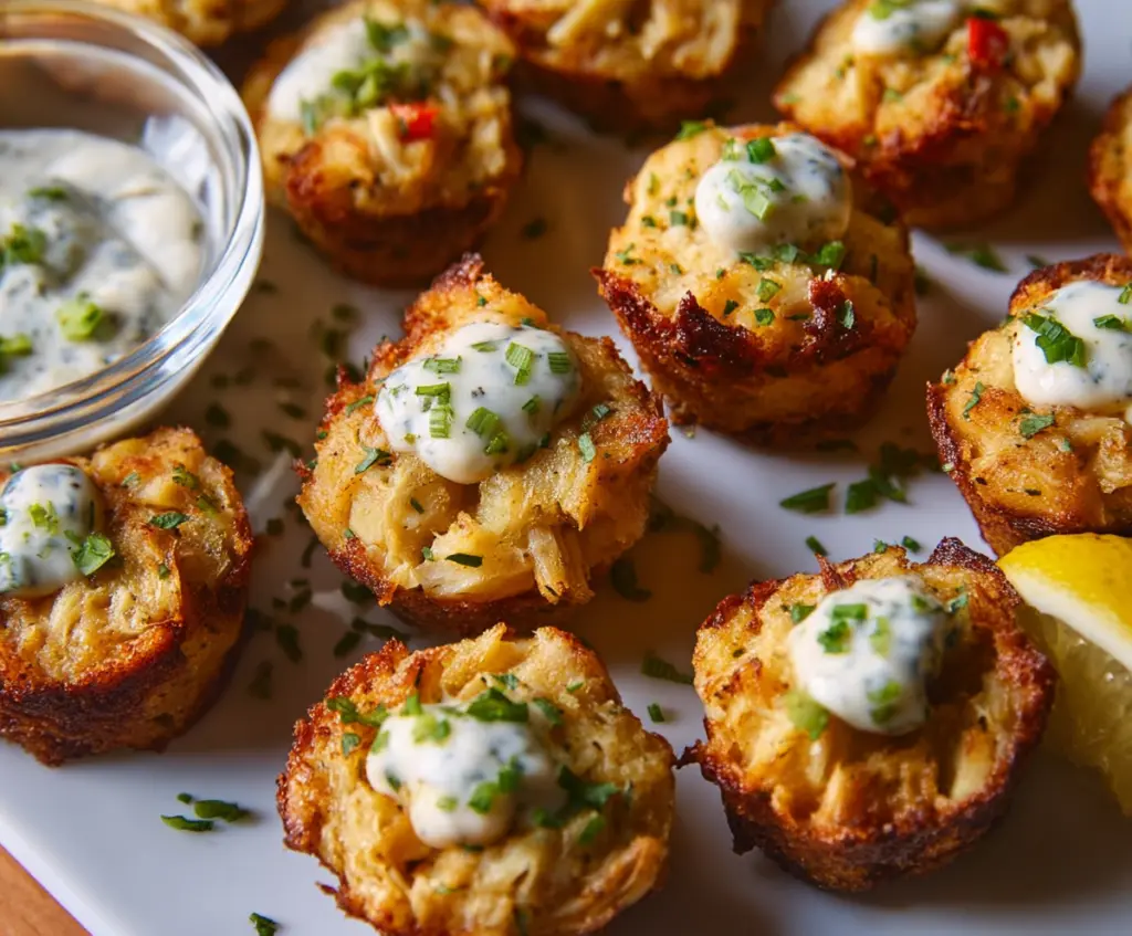 Delicious crab cake bites with golden crust, perfect appetizer for seafood lovers.