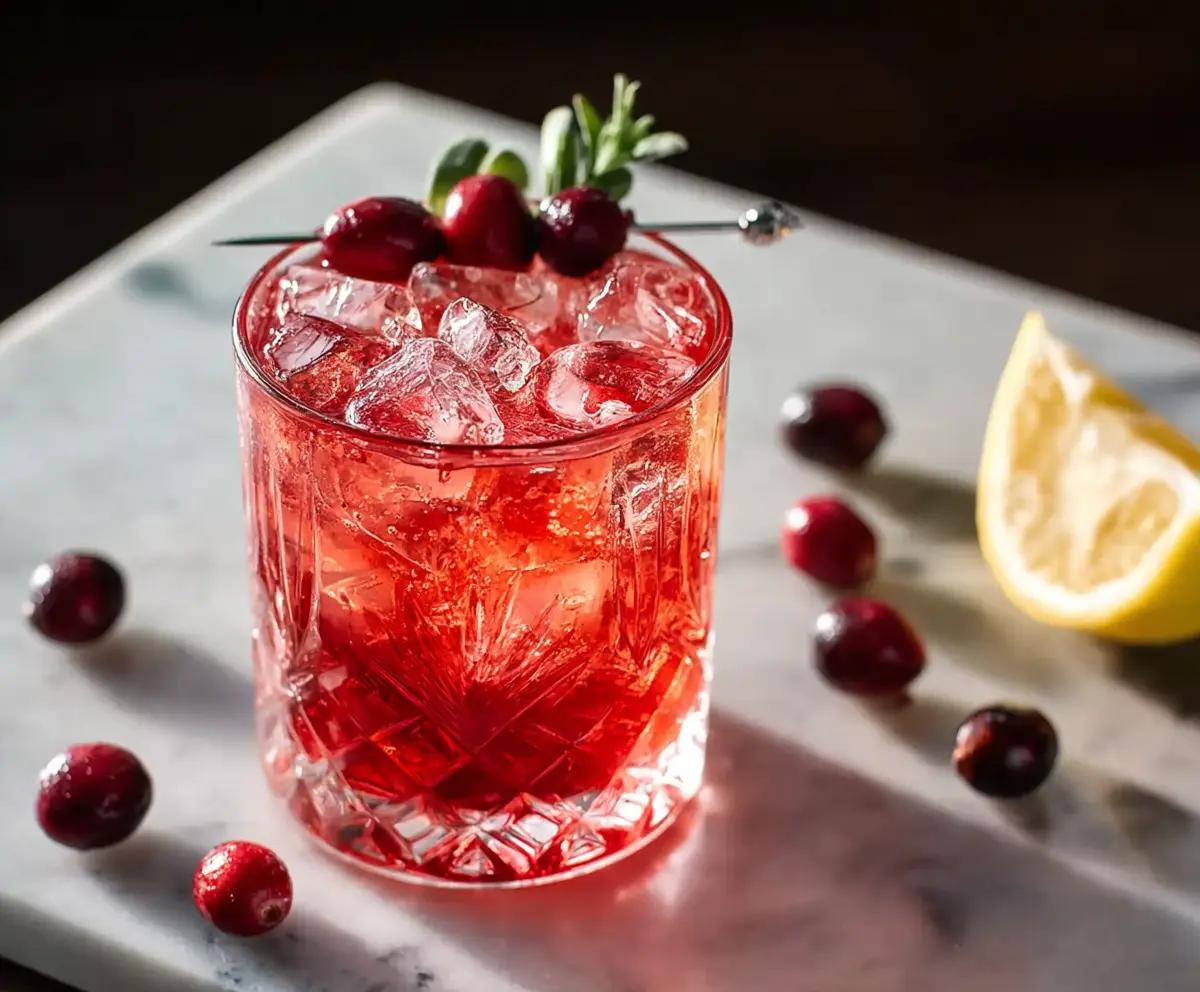 Refreshing Cranberry Bourbon Smash cocktail garnished with fresh cranberries and mint.