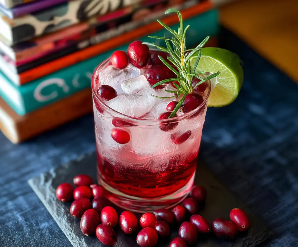 Refreshing Cranberry Gin and Tonic cocktail with fresh cranberries and lime in a glass