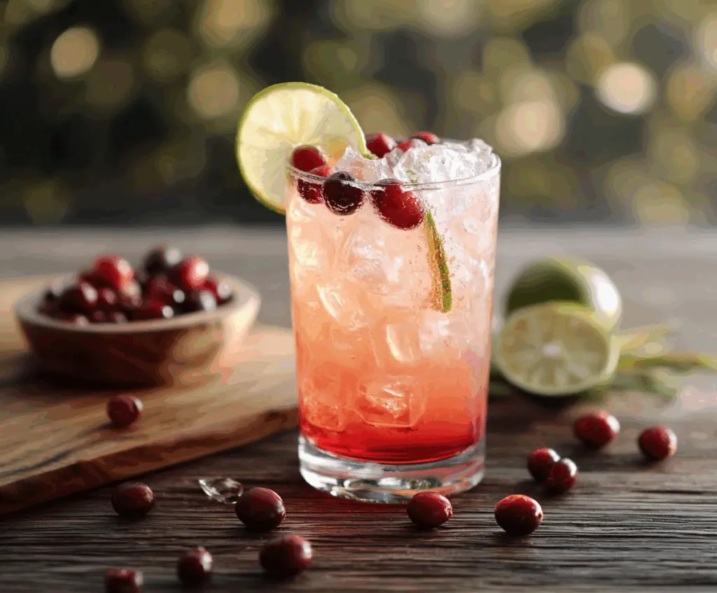 Refreshing Cranberry Ginger Paloma cocktail in a glass garnished with cranberries and fresh ginger slices.
