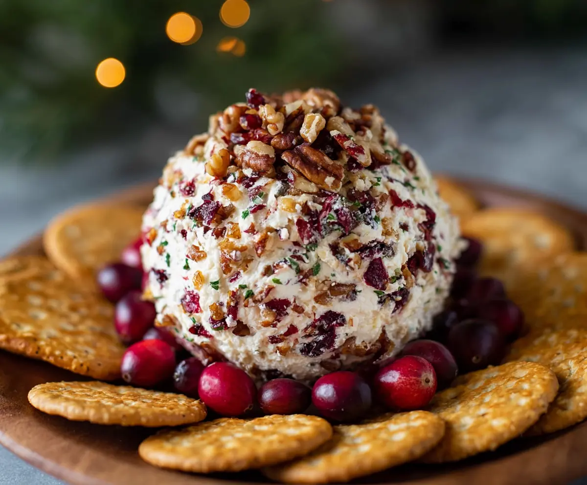 Festive cranberry and nut cream cheese ball on a serving platter for holiday appetizer.
