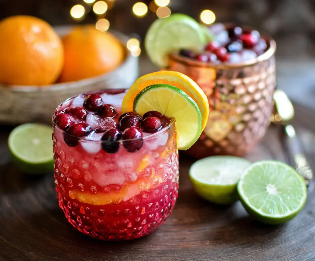 Refreshing Cranberry Orange Moscow Mule cocktail served in a copper mug with fresh cranberries and orange slices.