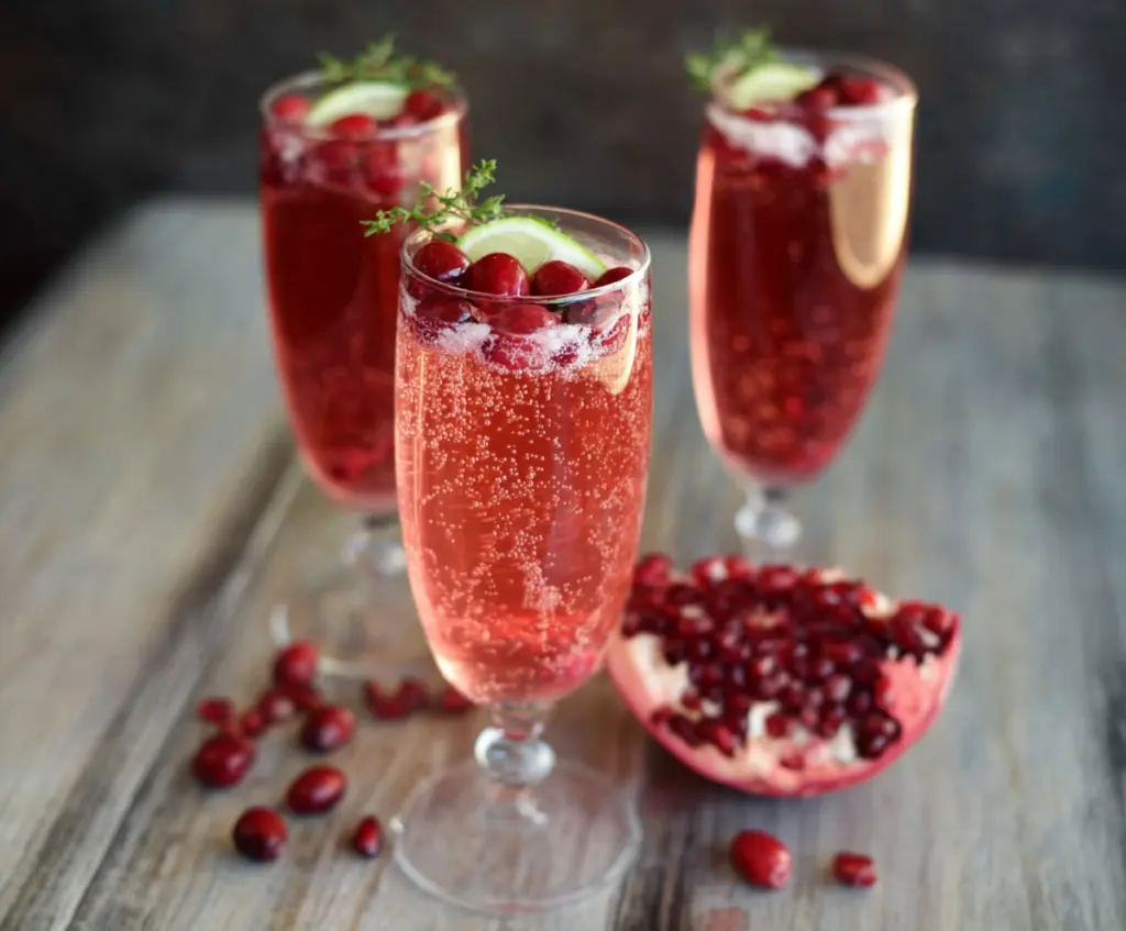 Refreshing Cranberry Prosecco Pomegranate Cocktail garnished with fresh cranberries and pomegranate seeds.
