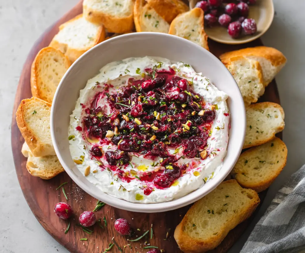 Creamy cranberry whipped feta dip served with fresh herbs and crackers.