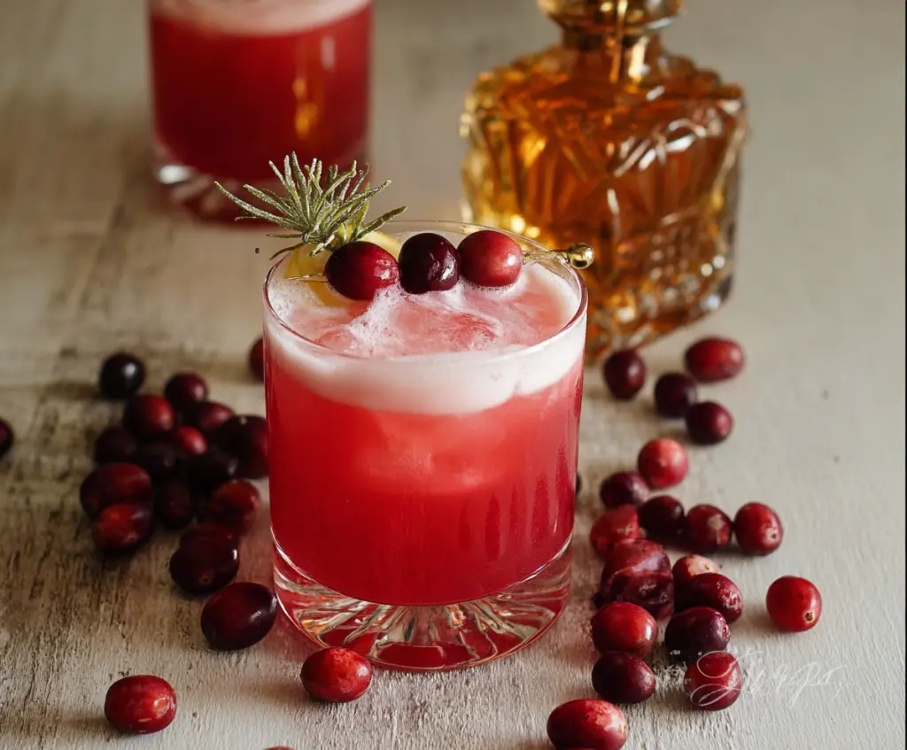 Refreshing Cranberry Whiskey Sour cocktail garnished with fresh cranberries and a cherry.