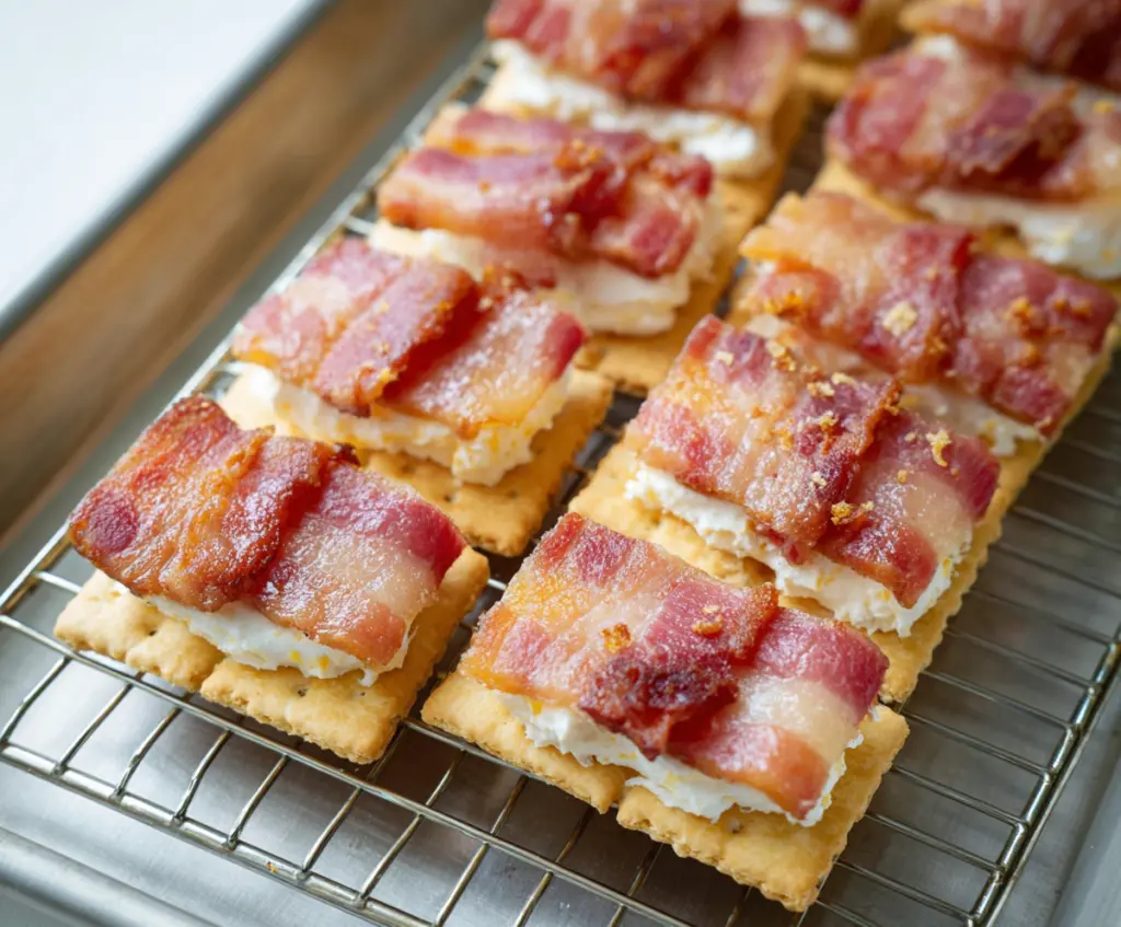 Delicious Cream Cheese Bacon Crackers served on a platter, perfect for appetizers and snacks.