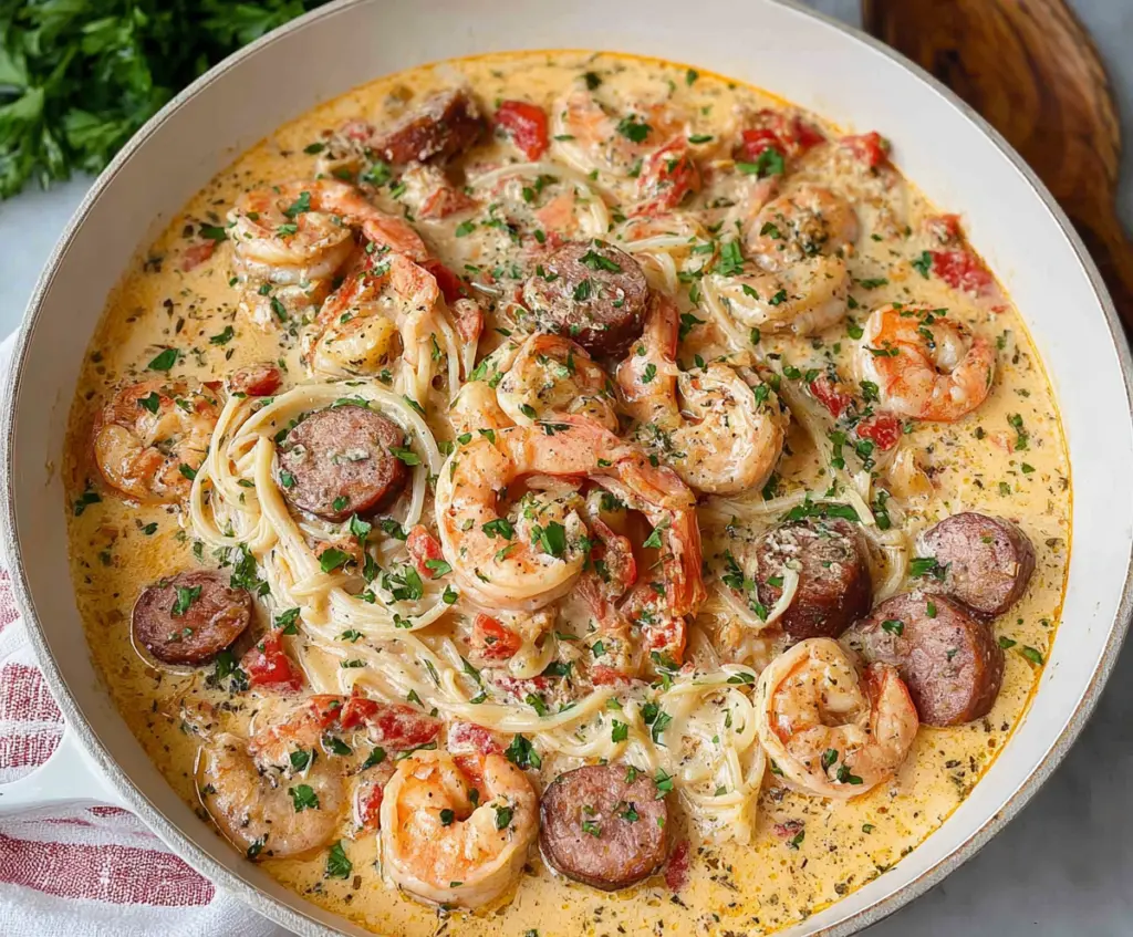 Delicious creamy Cajun shrimp and sausage skillet with vibrant spices