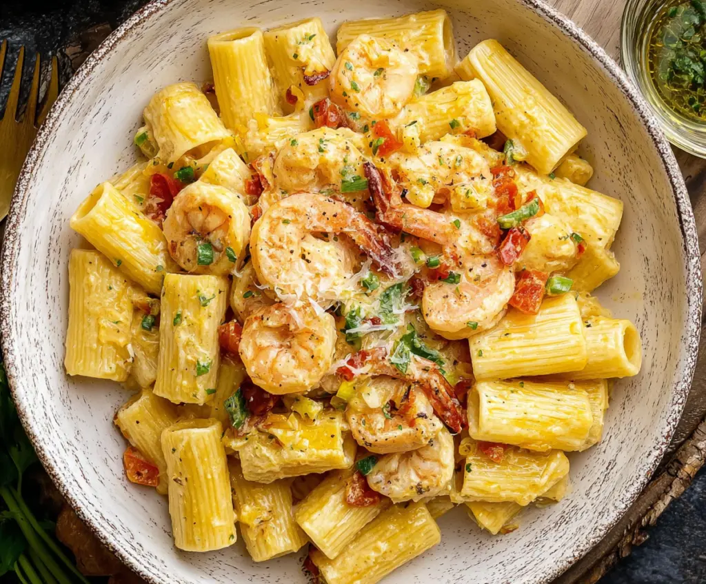Delicious Creamy Jamaican Shrimp Rasta Pasta garnished with fresh herbs on a vibrant plate.