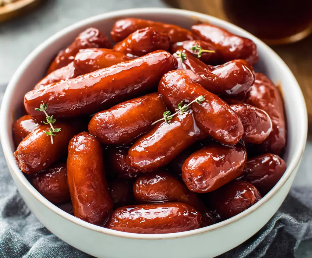 Delicious Crockpot Little Smokies appetizer served in a bowl with toothpicks for dipping.