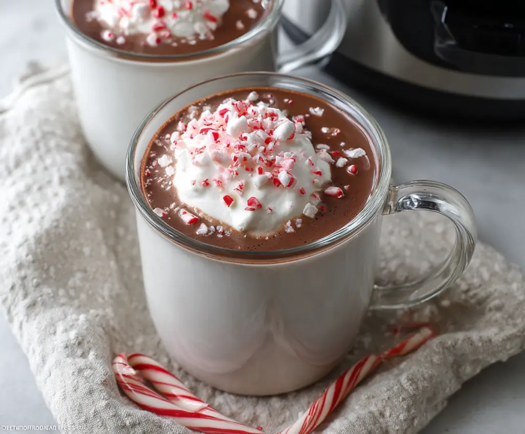 Creamy Crockpot Peppermint Hot Chocolate topped with whipped cream and crushed peppermint candies.