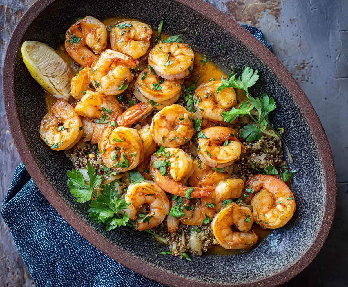 Delicious Cuban Mojo Shrimp dish garnished with fresh herbs on a plate.