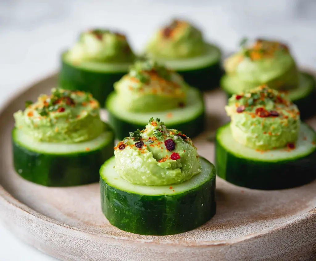 Delicious cucumber and avocado bites appetizer garnished with fresh herbs