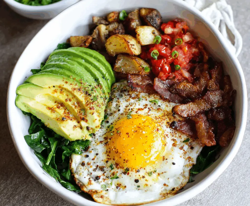 Delicious egg breakfast bowls with vegetables and cheese, served in a stylish bowl.