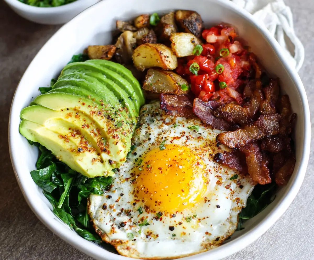 Delicious egg breakfast bowls with vegetables and cheese, served in a stylish bowl.