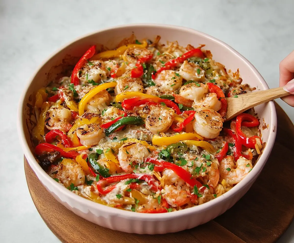 Delicious Fajita Shrimp Casserole with colorful peppers and melted cheese