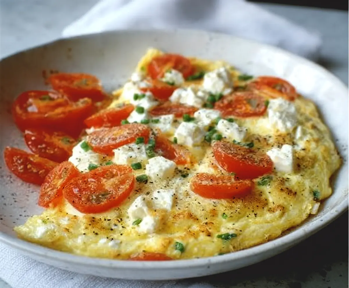 Delicious feta and tomato omelet garnished with fresh herbs, perfect for breakfast or brunch.