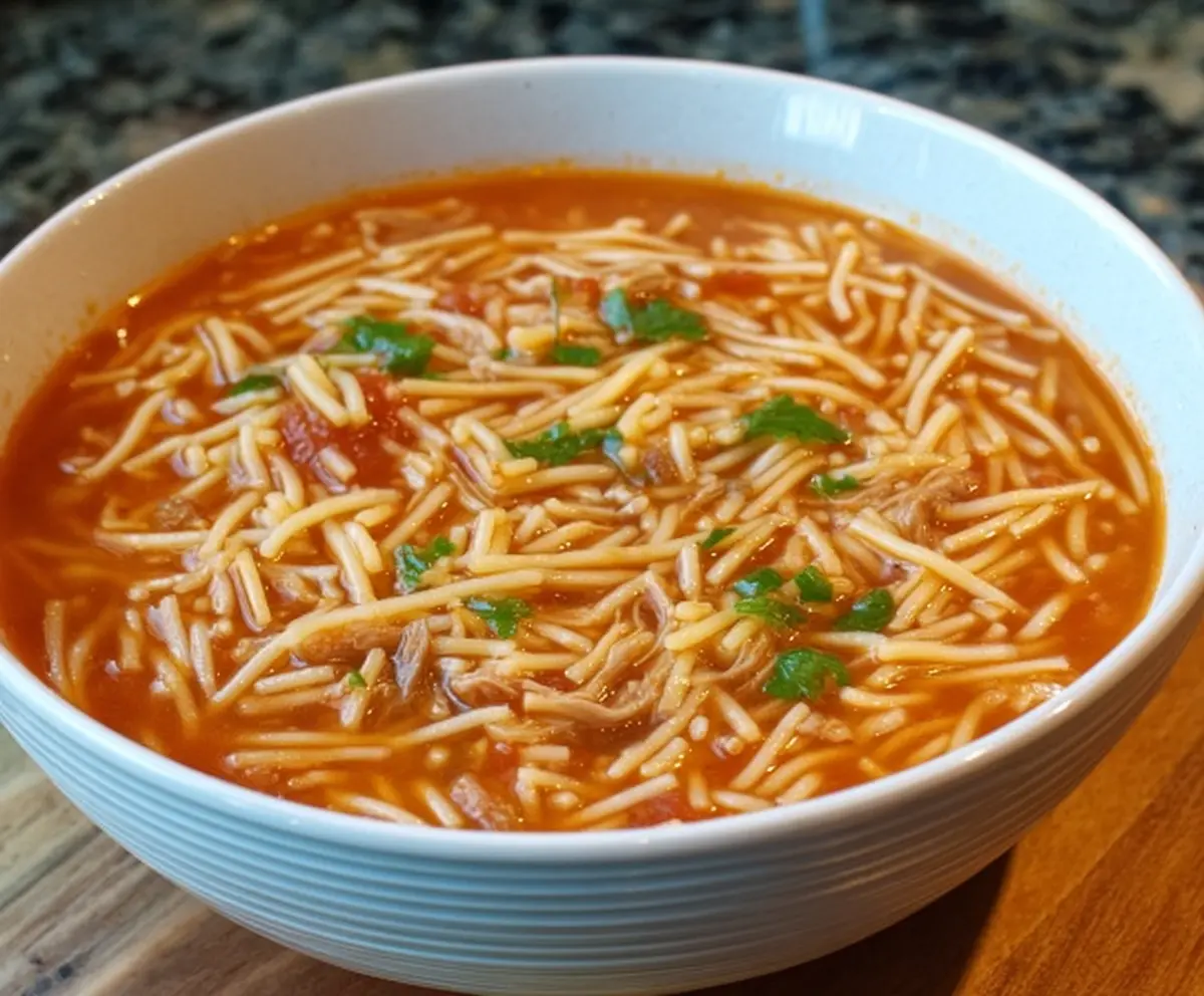 Hearty Fideo pasta soup in a bowl with vegetables and herbs, perfect for comforting meals