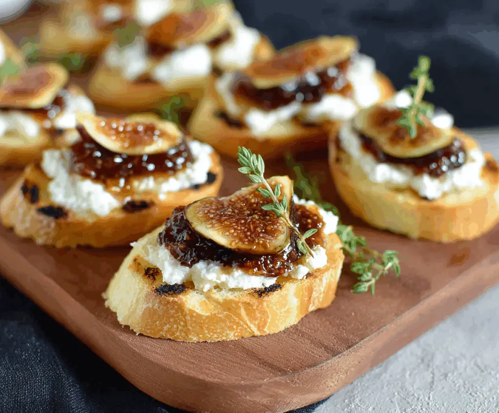 Delicious fig jam and goat cheese crostini on a rustic wooden board, perfect for appetizers.