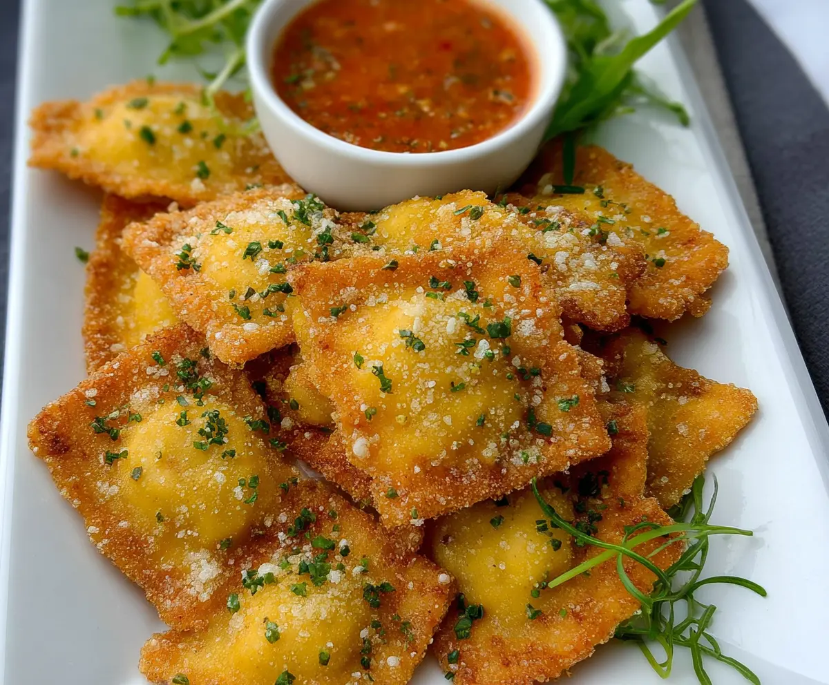 Crispy fried ravioli served with marinara sauce and fresh herbs on a plate.