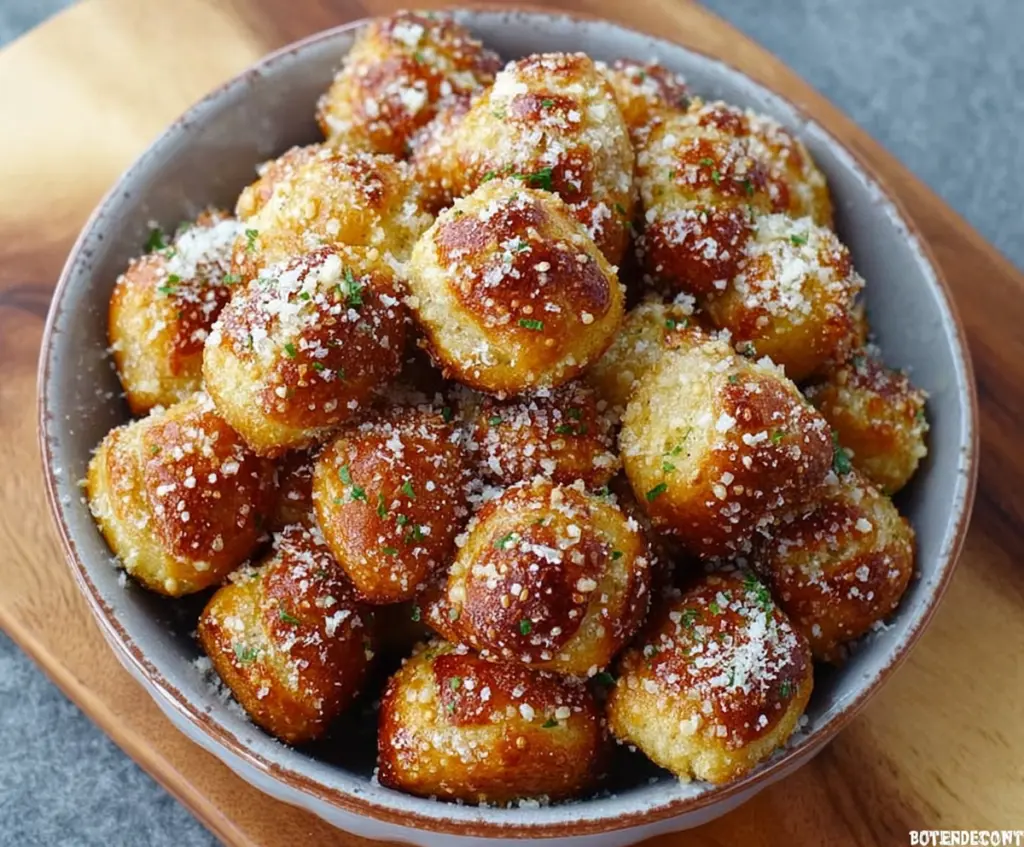 Delicious garlic Parmesan pretzel bites served with dipping sauce on a rustic plate.