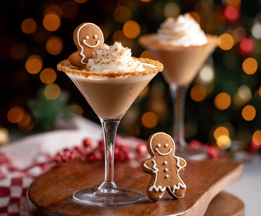 Delicious Gingerbread Martini cocktail garnished with a cinnamon stick and sugar rim on a festive holiday table.