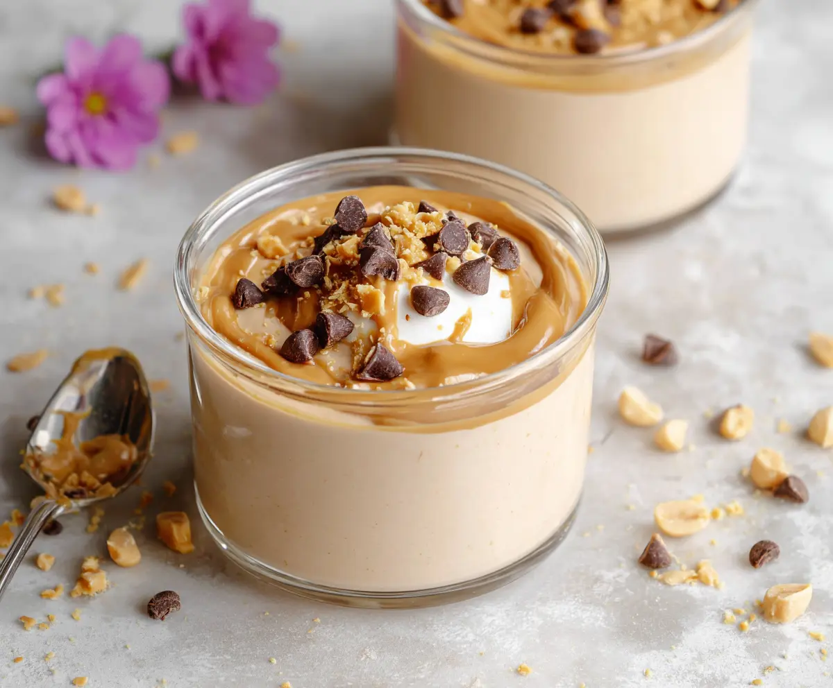 Creamy Greek yogurt peanut butter protein pudding served in a glass bowl, garnished with chopped nuts and honey.