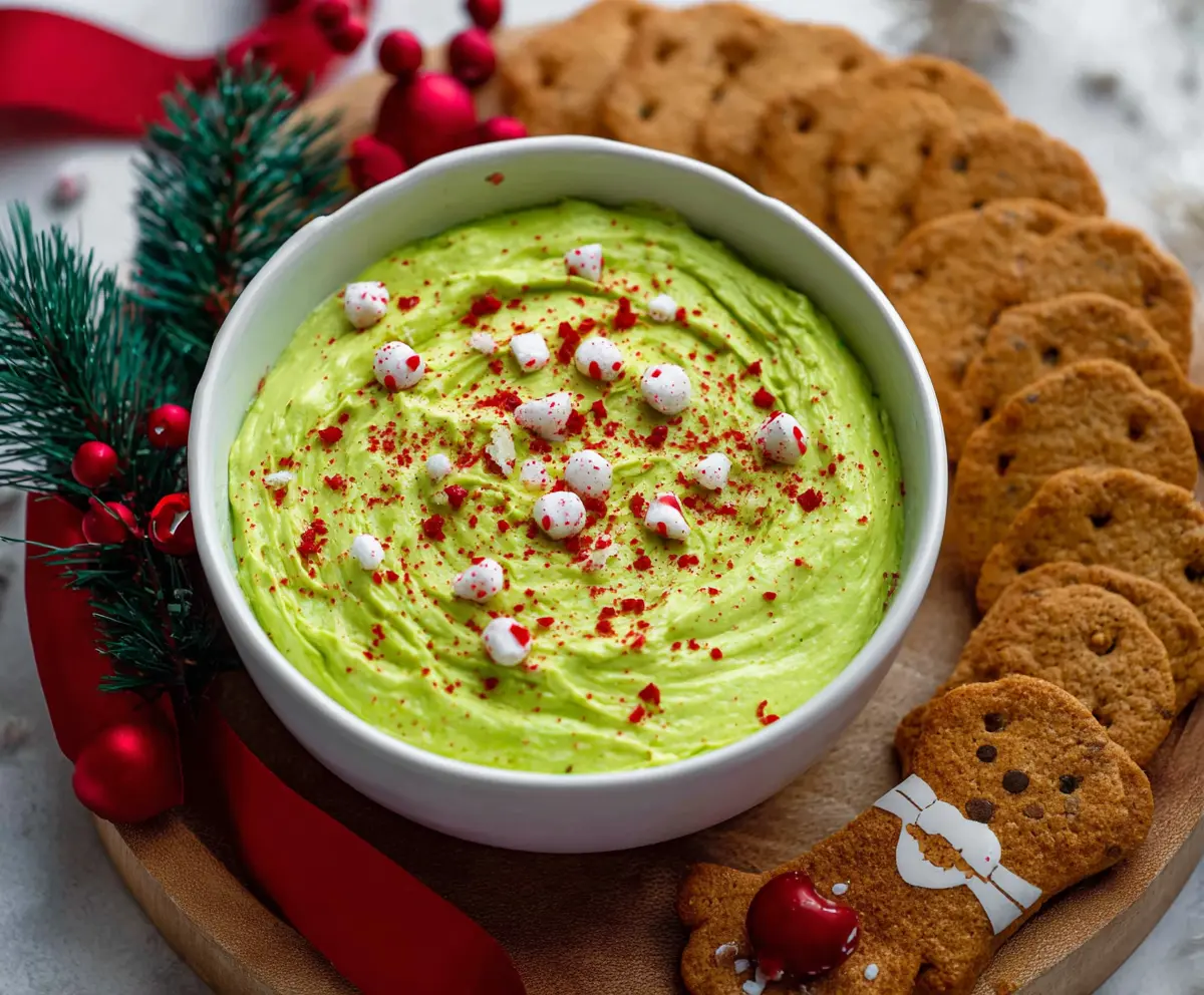 Festive Grinch Dip in a bowl garnished with green and red decorations for a holiday party