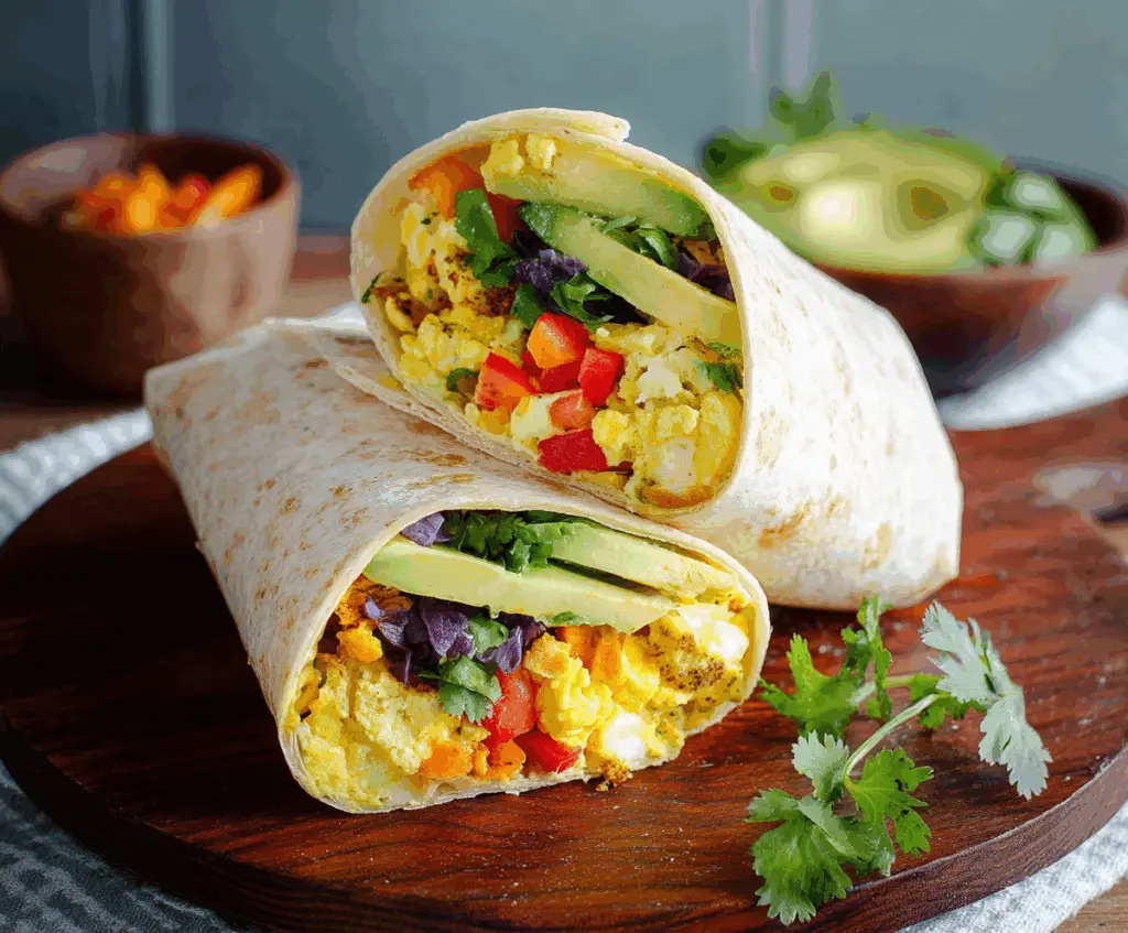 Delicious healthy breakfast burrito filled with fresh vegetables and protein for a nutritious start to your day.