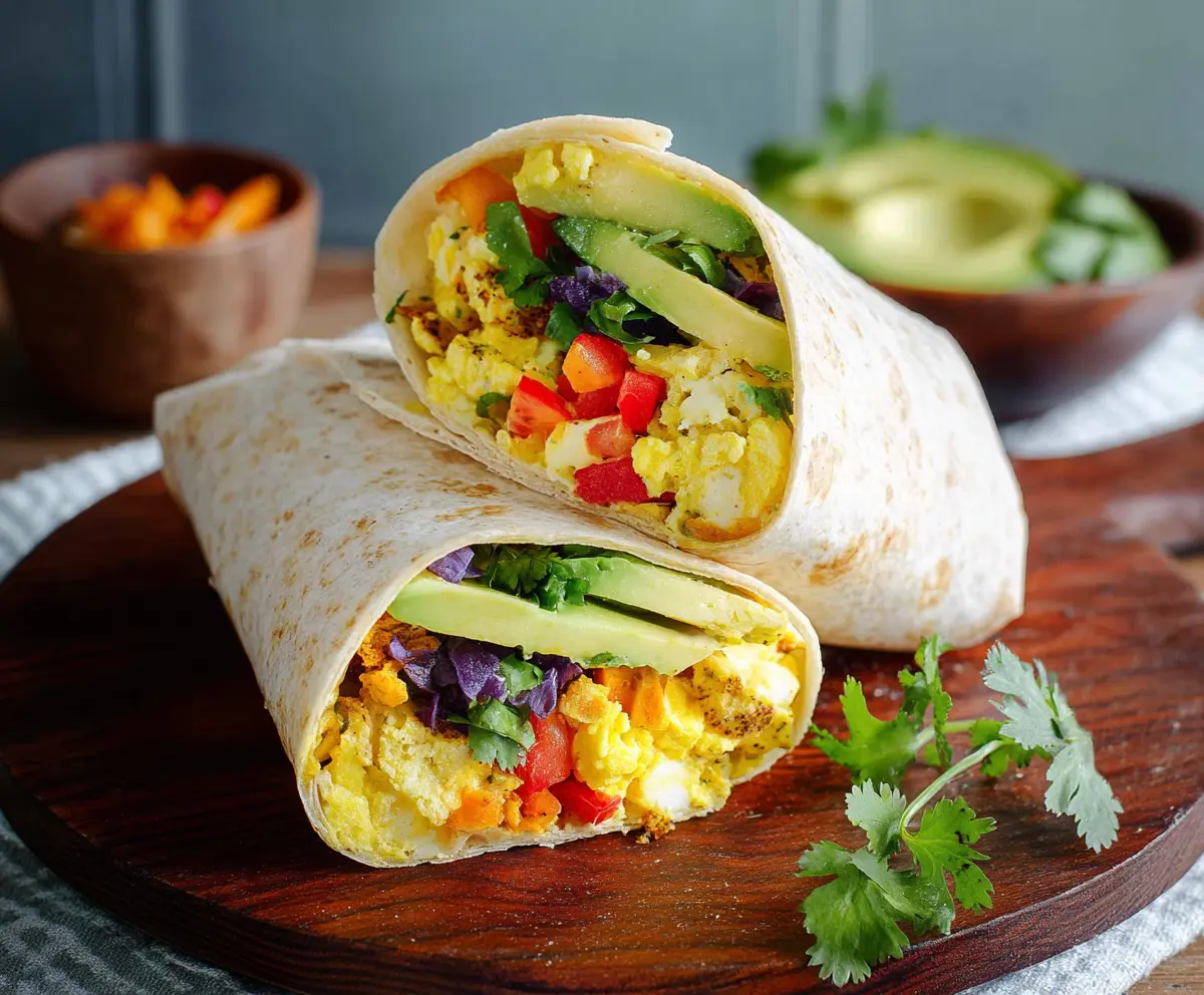 Delicious healthy breakfast burrito filled with fresh vegetables and protein for a nutritious start to your day.