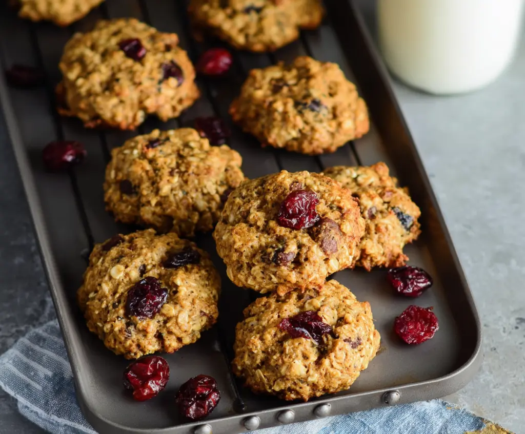 Healthy oatmeal breakfast cookies with oats, bananas, and nuts on a plate for a nutritious morning snack.