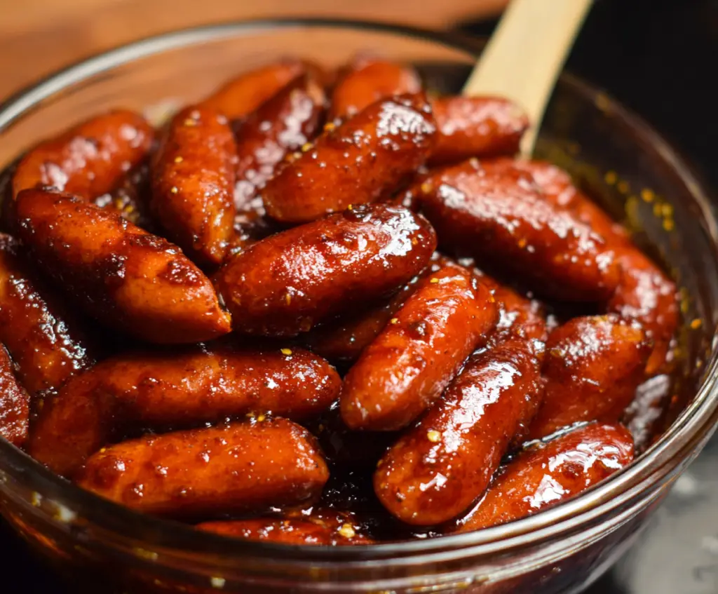 Delicious honey garlic cocktail smokies served on a platter, perfect for parties and gatherings.