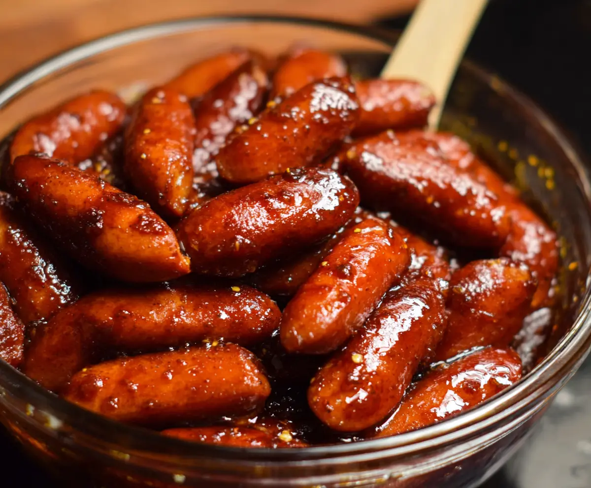 Delicious honey garlic cocktail smokies served on a platter, perfect for parties and gatherings.