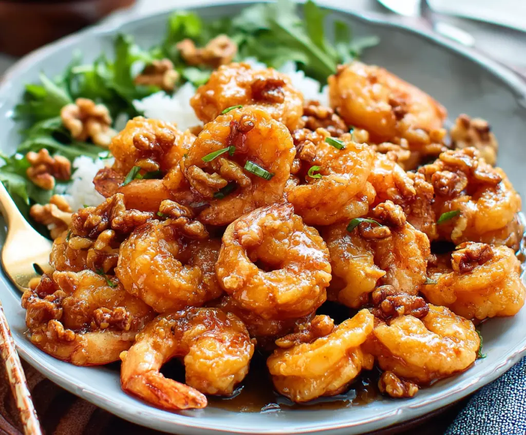 Golden honey walnut shrimp dish with crispy shrimp and glazed walnuts on a white plate