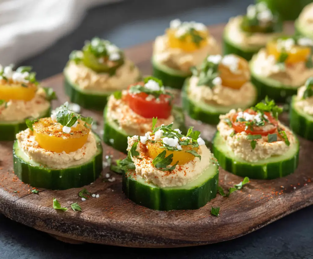 Delicious Hummus Cucumber Bites appetizer with fresh herbs and a creamy dip