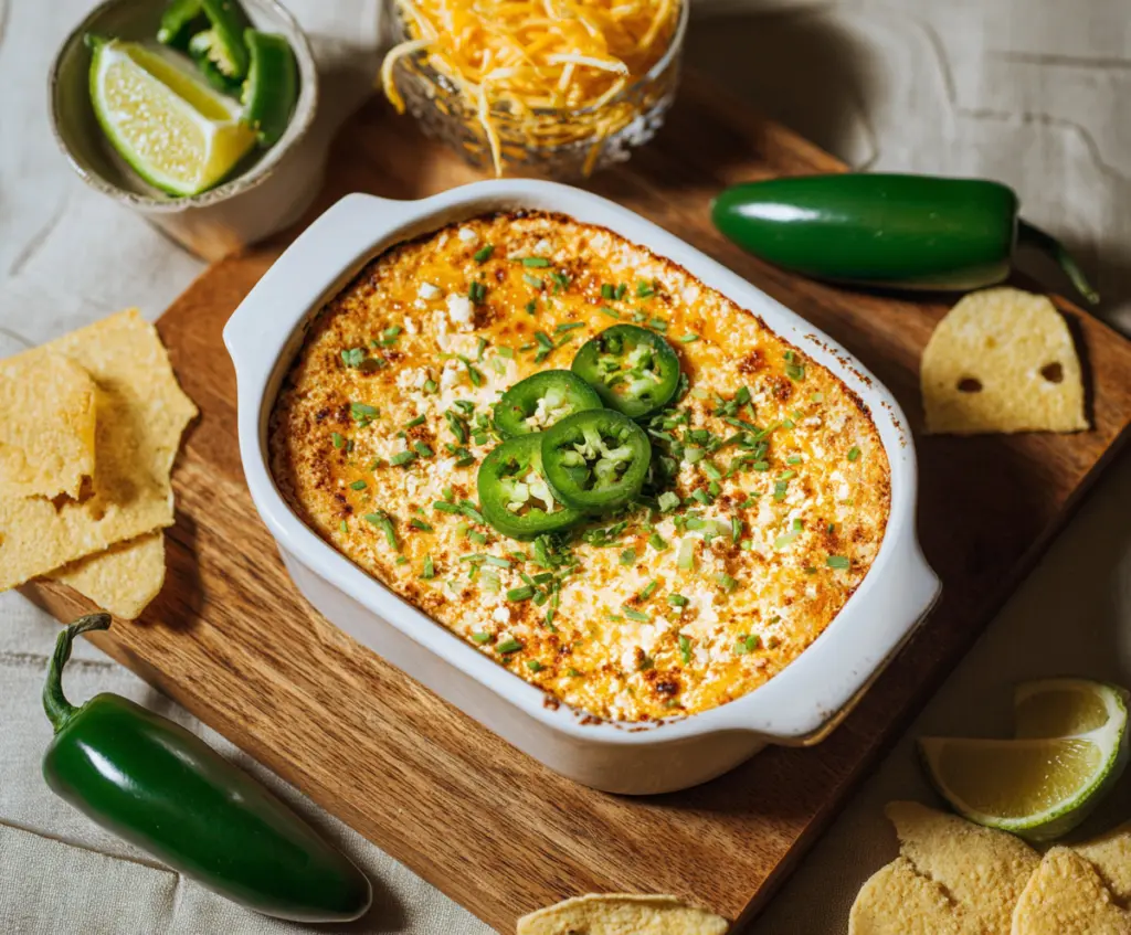 Delicious Jalapeno Popper Protein Dip served in a bowl with fresh jalapenos and crispy chips.